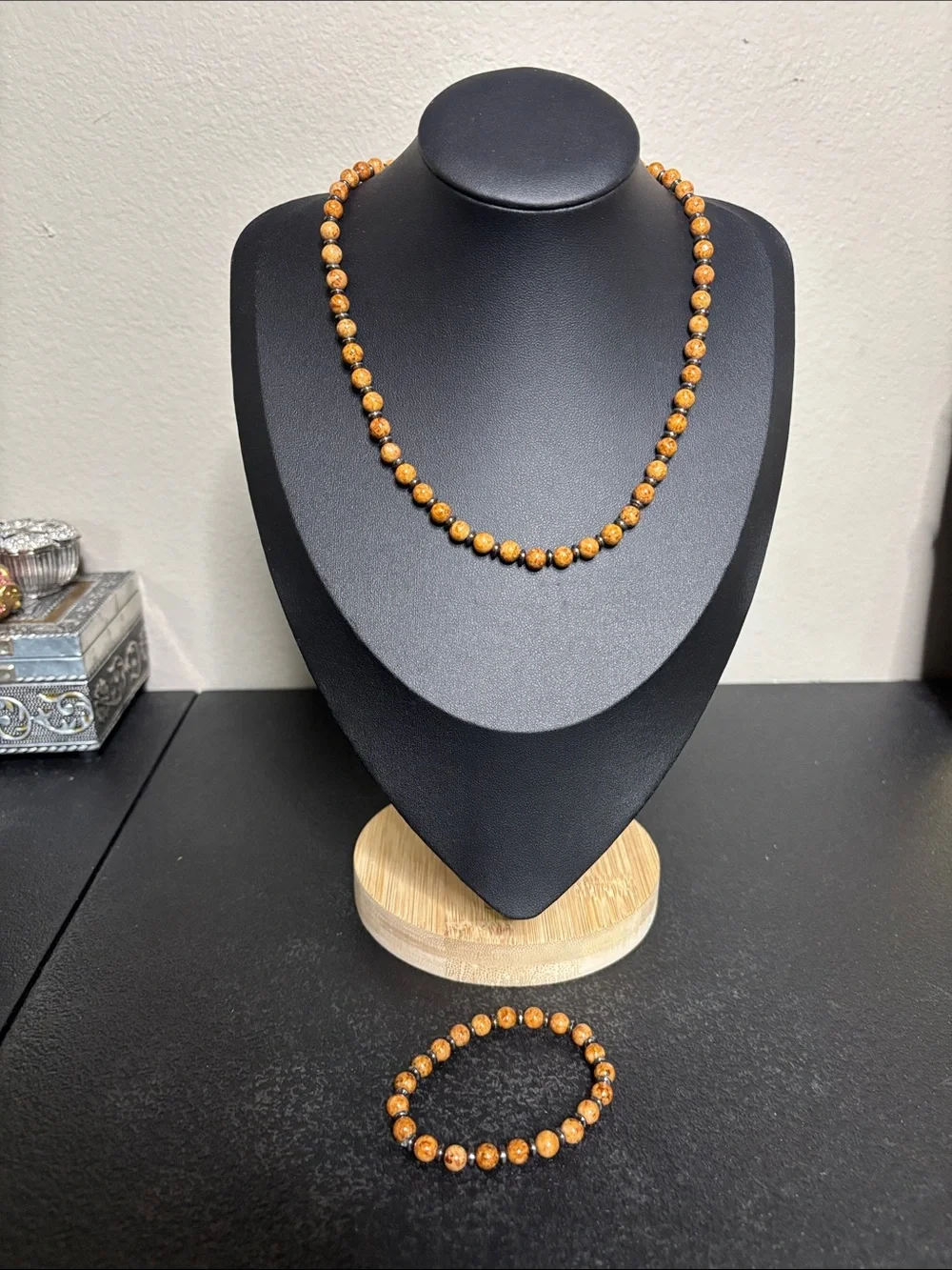 Handmade Stone Hematite Orange Bead Necklace & Stretch Bracelet Set Jewelry